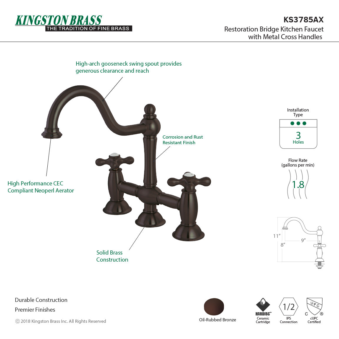 Kingston KS3788AX Restoration Bridge Kitchen Faucet, Brushed Nickel in oil-rubbed bronze finish with metal cross handles.