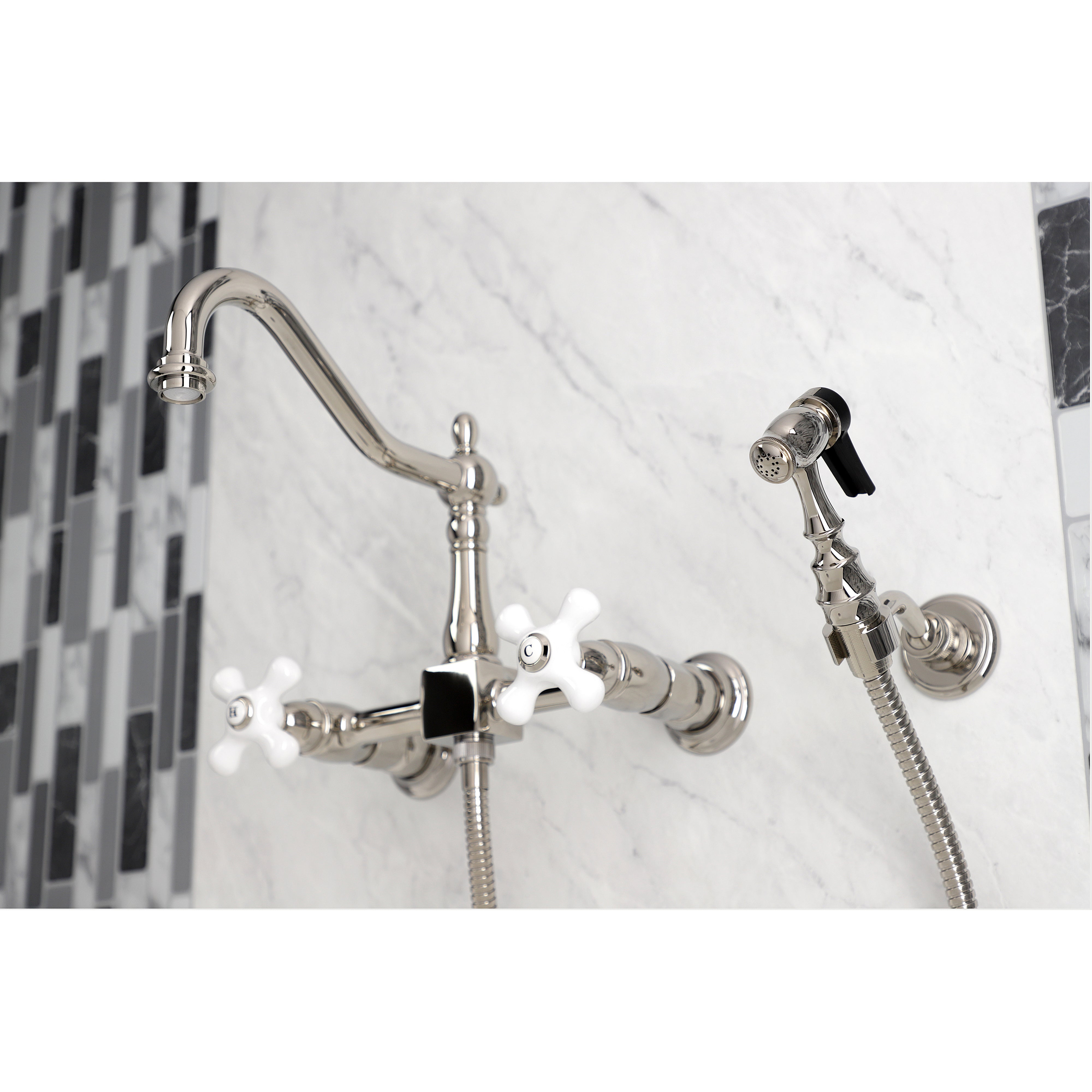 Kingston KS1243PXBS Heritage Two-Handle Wall Mount Bridge Kitchen Faucet with Brass Sprayer, Antique Brass