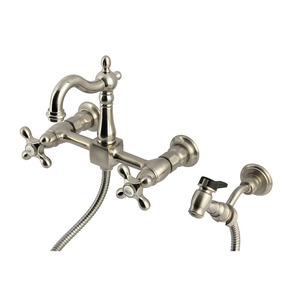 Kingston KS2443AXBS Heritage Two-Handle Wall Mount Bridge Kitchen Faucet with Brass Sprayer, Antique Brass