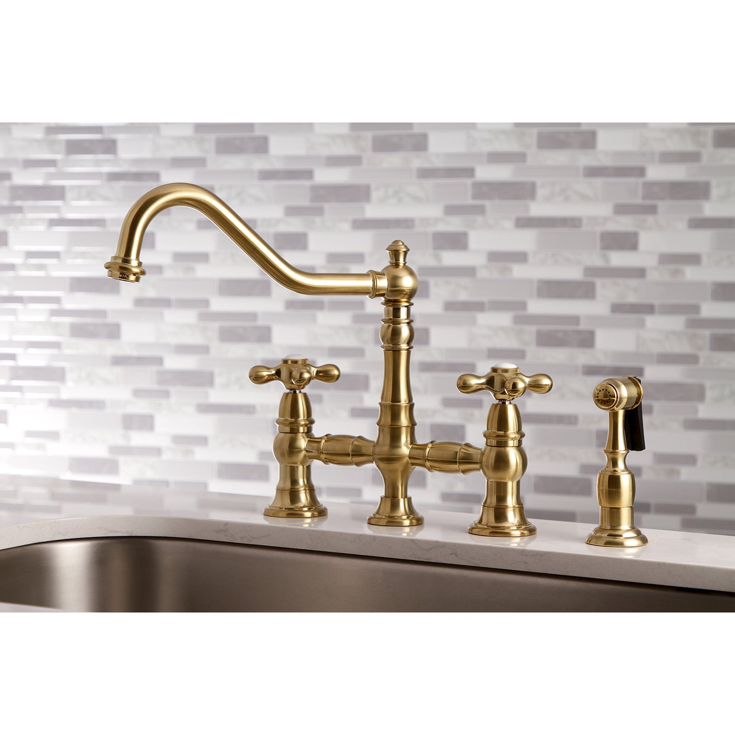 Kingston KS3277AXBS Restoration Bridge Kitchen Faucet with Brass Sprayer, Brushed Brass