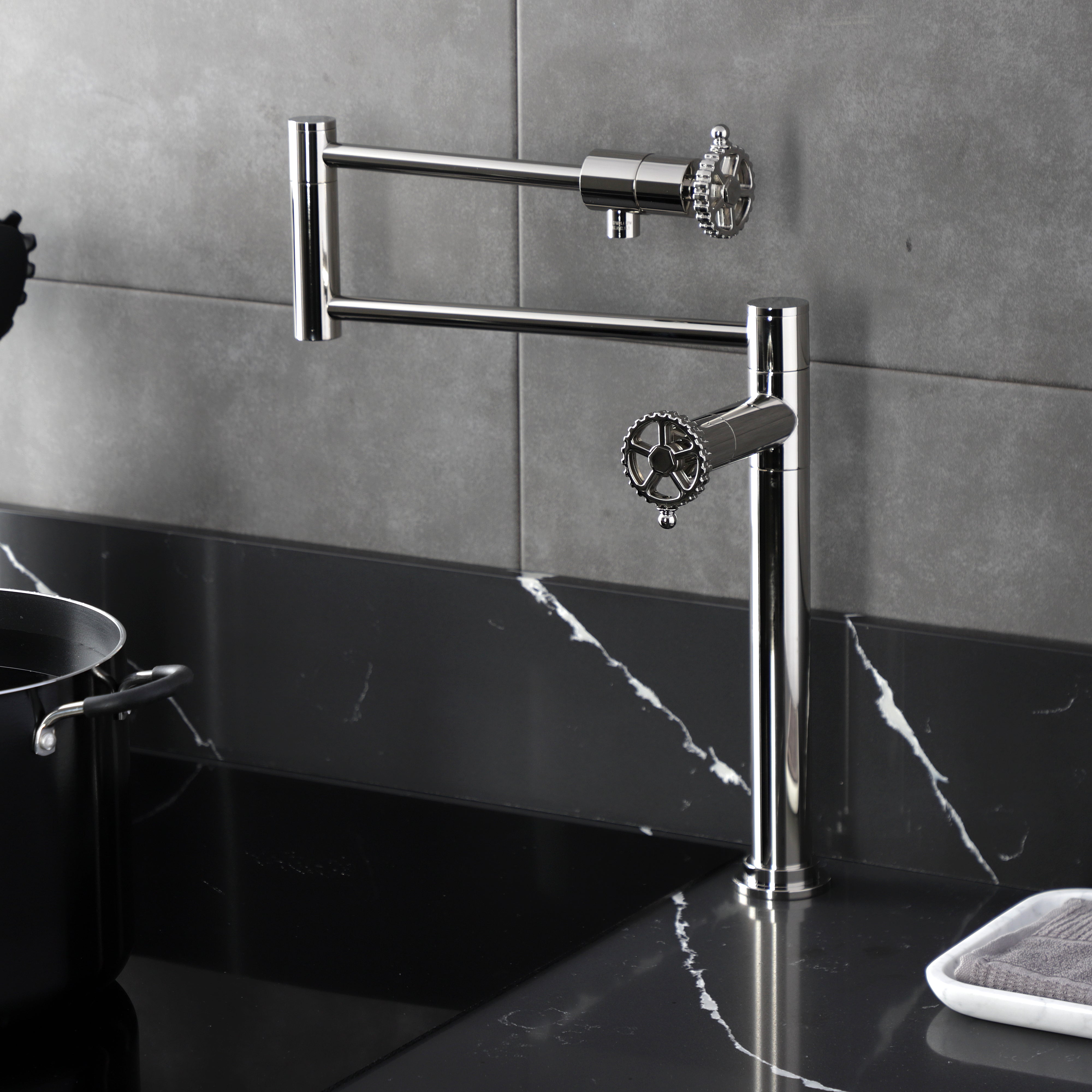Kingston Brass KS4703CG Fuller Deck Mount Pot Filler Faucet, Antique Brass installed in a modern kitchen.