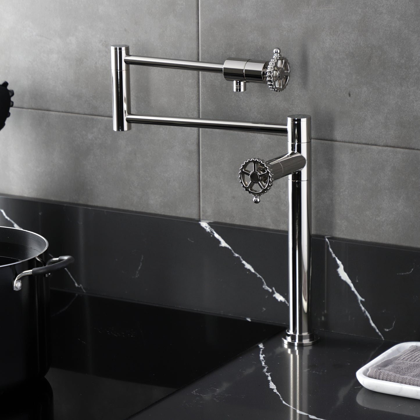 Kingston Brass KS4703CG Fuller Deck Mount Pot Filler Faucet, Antique Brass installed in a modern kitchen.