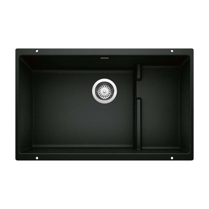 BLANCO Precis Cascade SILGRANIT 29" Single Bowl Undermount Kitchen Sink with Colander in coal black design.