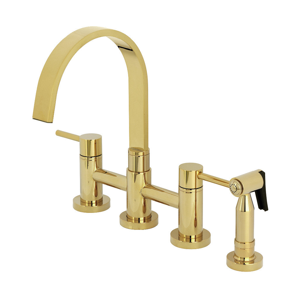 Kingston KS8267DLBS Concord Bridge Kitchen Faucet with Brass Sprayer, Brushed Brass finish, elegant design and brass side spray.