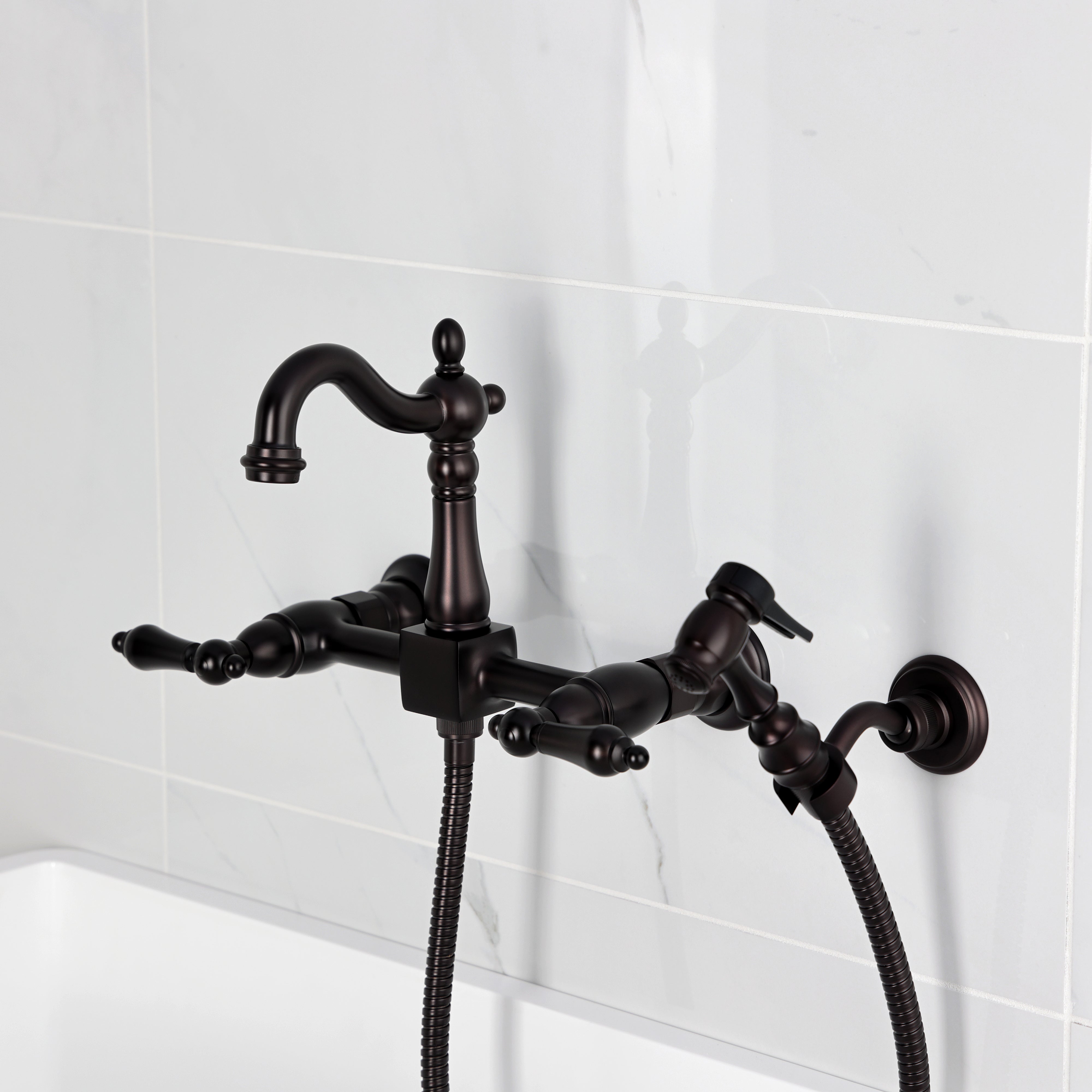 Kingston KS2443ALBS Heritage Two-Handle Wall Mount Bridge Kitchen Faucet with Brass Sprayer, Antique Brass