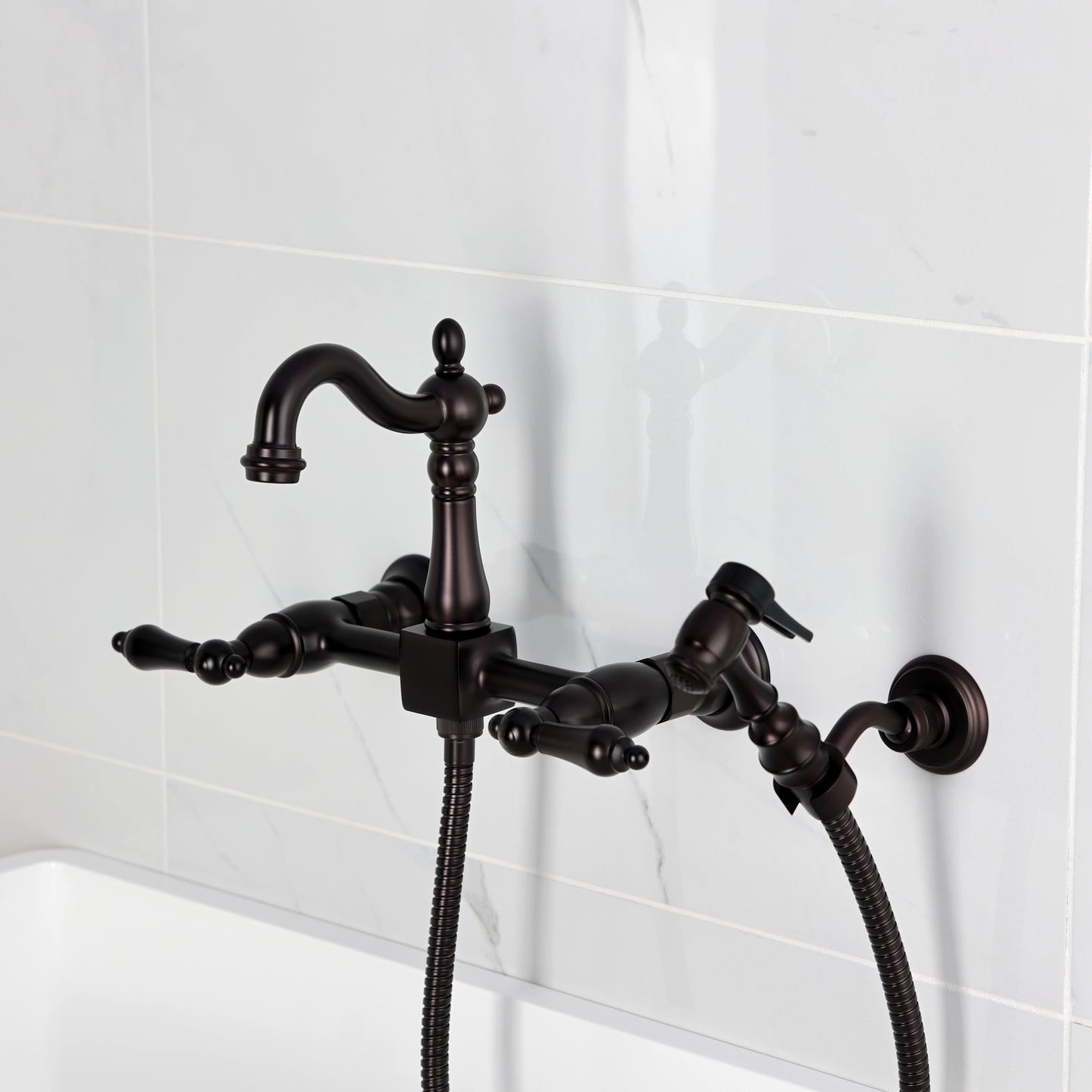 Kingston KS2443ALBS Heritage Two-Handle Wall Mount Bridge Kitchen Faucet with Brass Sprayer, Antique Brass