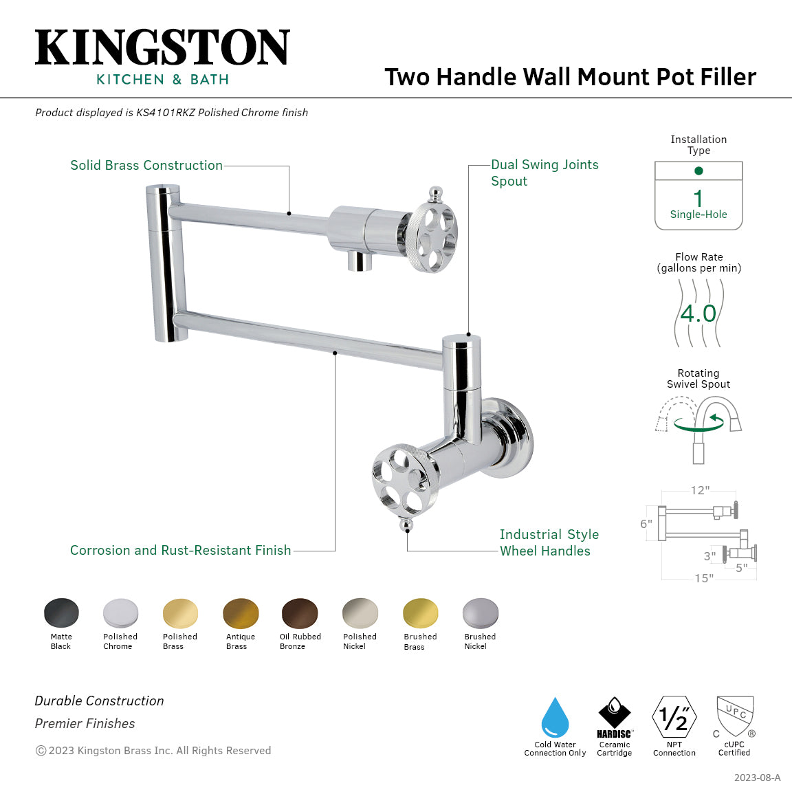 Kingston Brass KS4103RKZ Wendell Wall Mount Pot Filler Faucet with Knurled Handle, Antique Brass
