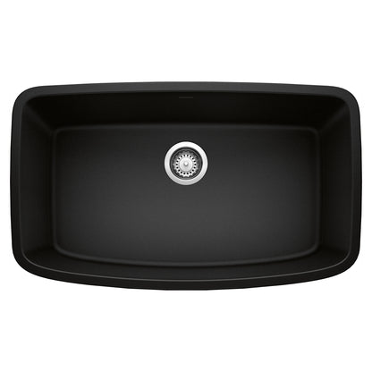 BLANCO Valea SILGRANIT 32" Super Single Undermount Kitchen Sink top view with drain. Spacious design for efficient kitchen work.