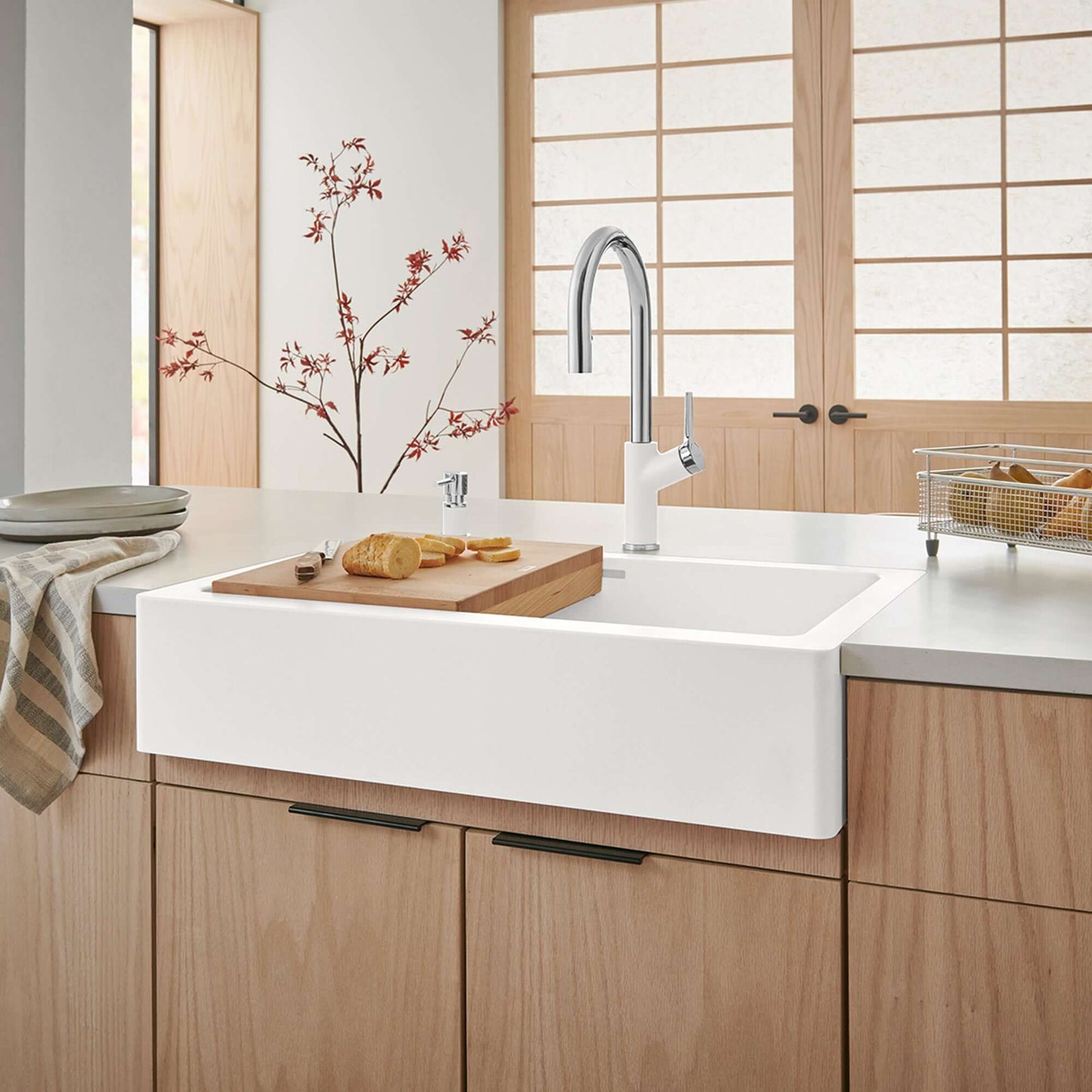 BLANCO VINTERA 30" SILGRANIT Single Bowl Farmhouse Sink featuring contemporary design and stylish kitchen setup.