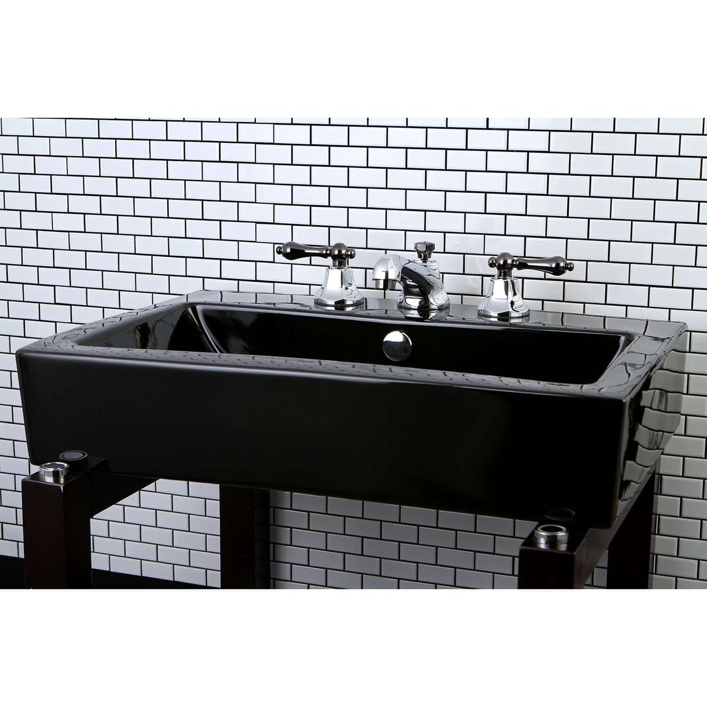 Kingston Brass NS4460AL Water Onyx Widespread Bathroom Faucet above a black basin in a modern tiled bathroom.