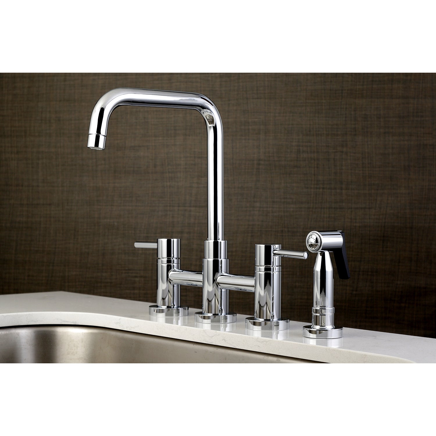 Kingston KS8287DLBS Concord Bridge Kitchen Faucet with Brass Sprayer, Brushed Brass in chrome finish, sleek cylindrical design.