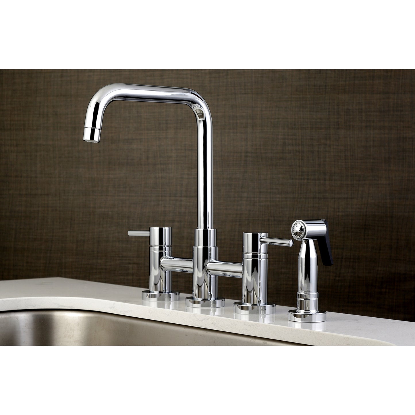 Kingston KS8287DLBS Concord Bridge Kitchen Faucet with Brass Sprayer, Brushed Brass in chrome finish, sleek cylindrical design.