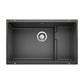 BLANCO Precis Cascade SILGRANIT 29" Single Bowl Undermount Kitchen Sink with Colander in Anthracite color.