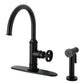 Kingston Brass KSD2433RNX Ostro Single-Handle Kitchen Faucet, Antique Brass with side spray in matte black finish.