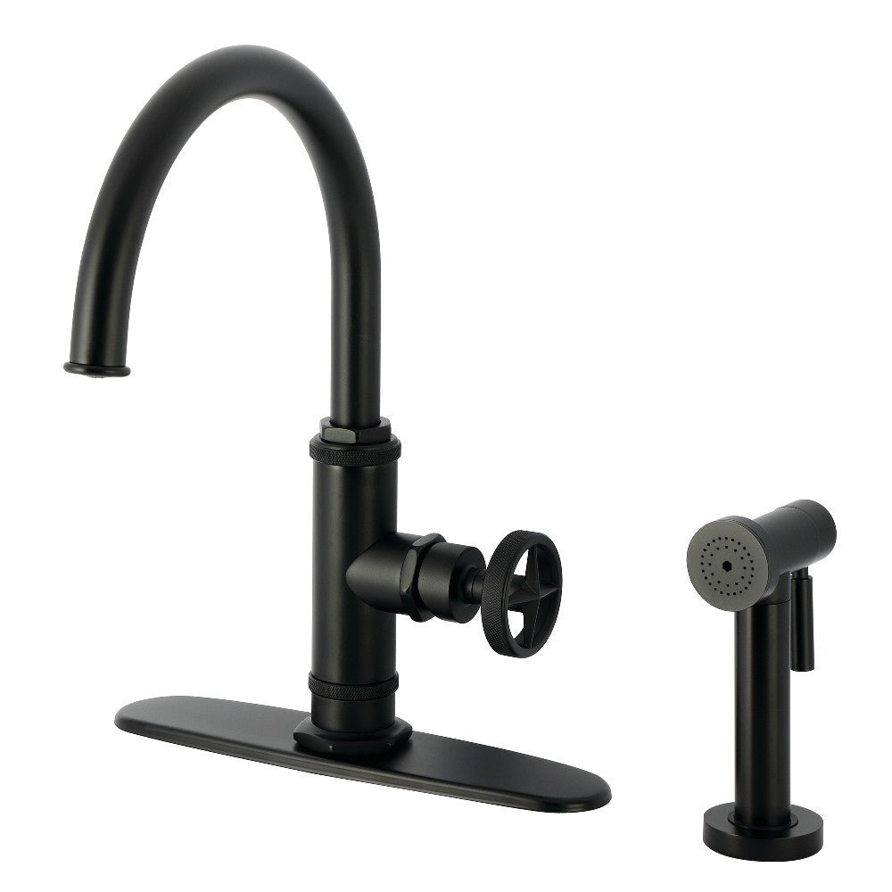Kingston Brass KSD2433RNX Ostro Single-Handle Kitchen Faucet, Antique Brass with side spray in matte black finish.