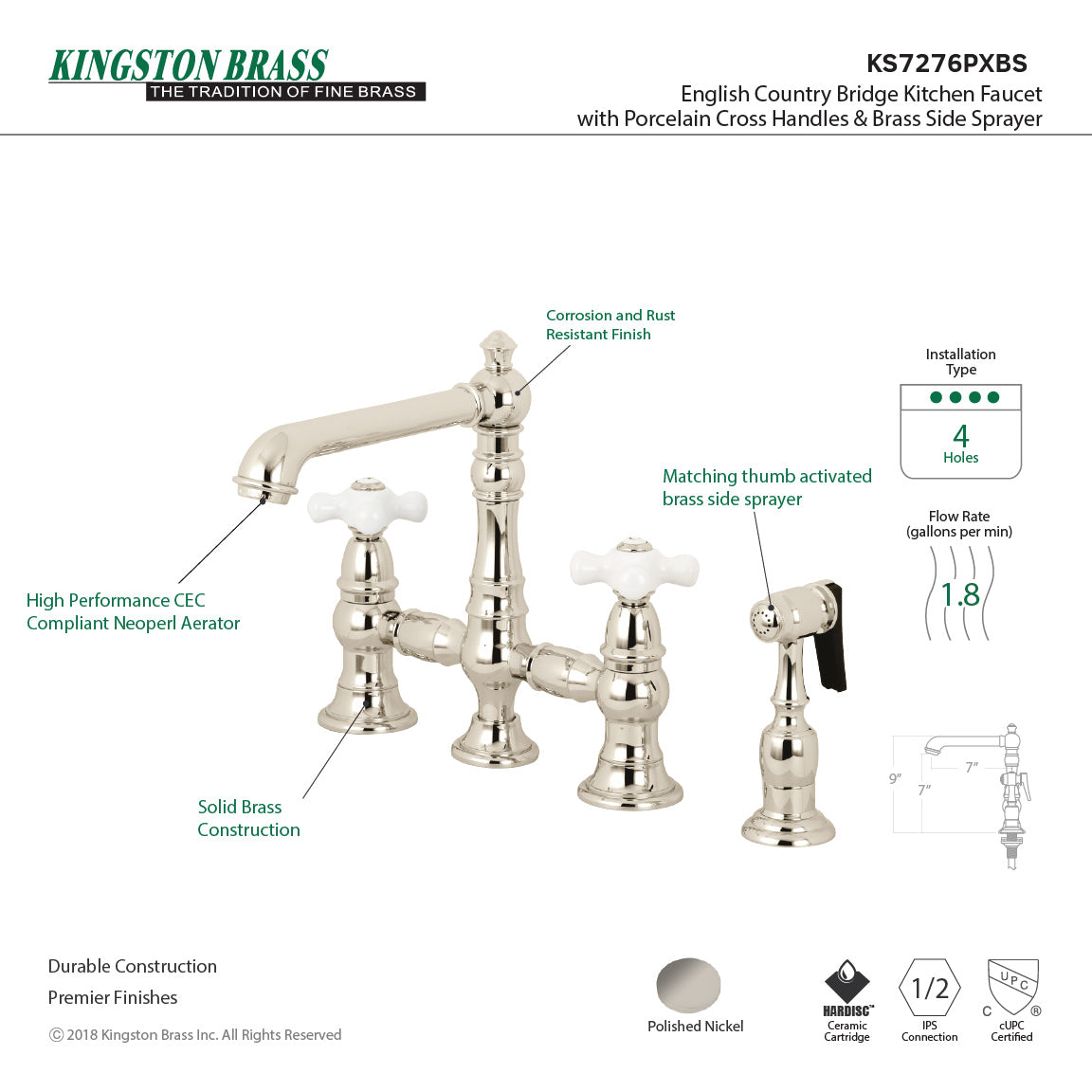 Kingston KS7277PXBS English Country Bridge Kitchen Faucet with Brass Sprayer, Brushed Brass
