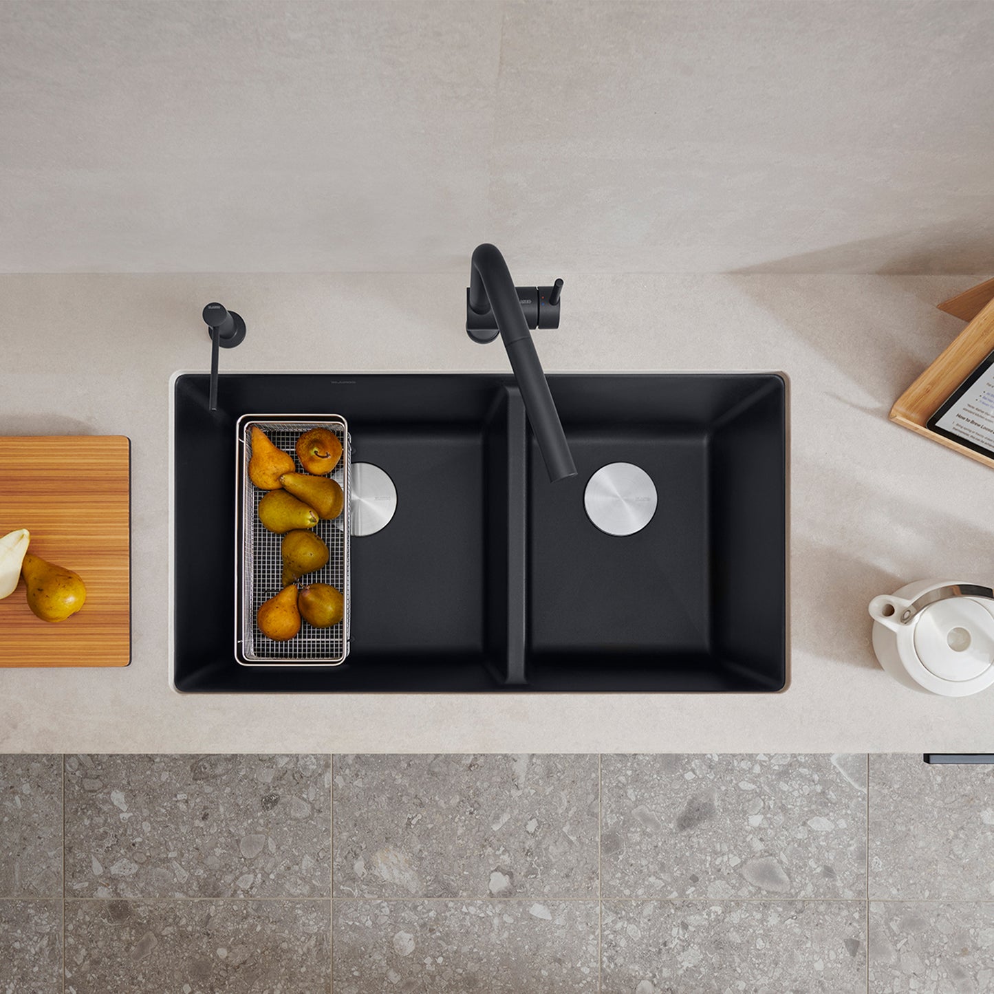 BLANCO Precis SILGRANIT 33" 60/40 Double Bowl Undermount Kitchen Sink with fruits and modern faucet on countertop