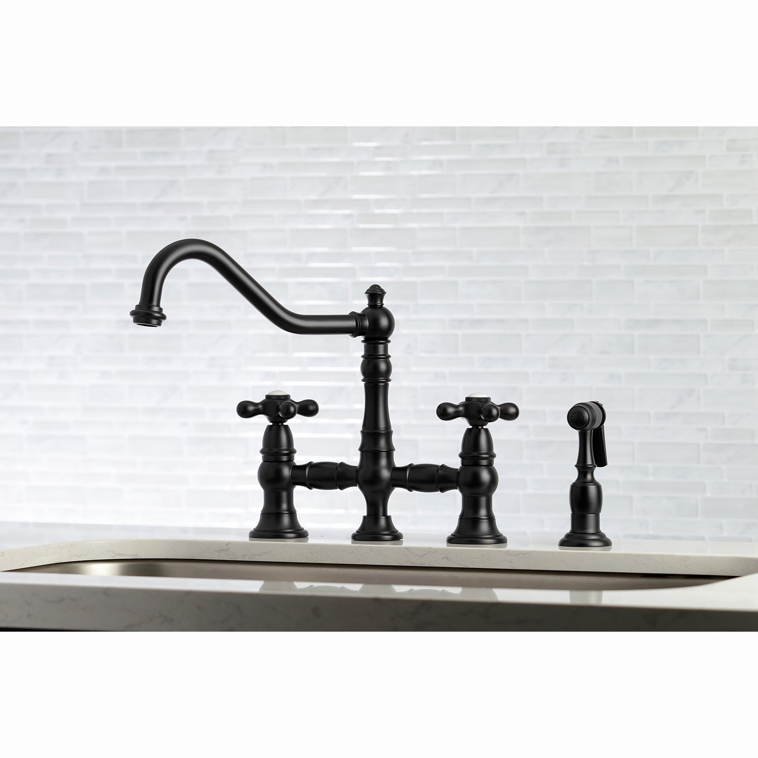 Kingston KS3277AXBS Restoration Bridge Kitchen Faucet with Brass Sprayer, Brushed Brass