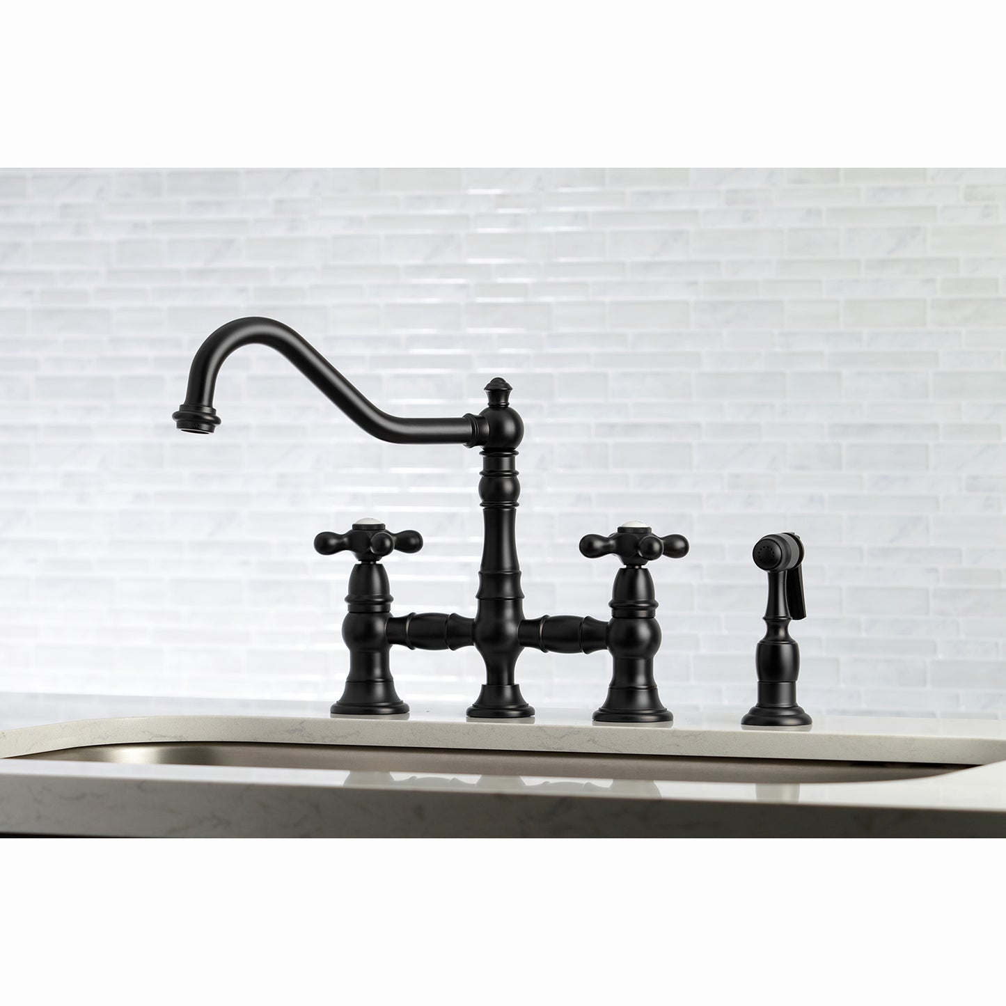Kingston KS3277AXBS Restoration Bridge Kitchen Faucet with Brass Sprayer, Brushed Brass