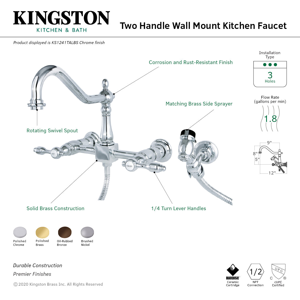 Kingston KS1248TALBS Tudor Two-Handle Wall Mount Bridge Kitchen Faucet with Brass Sprayer, Brushed Nickel