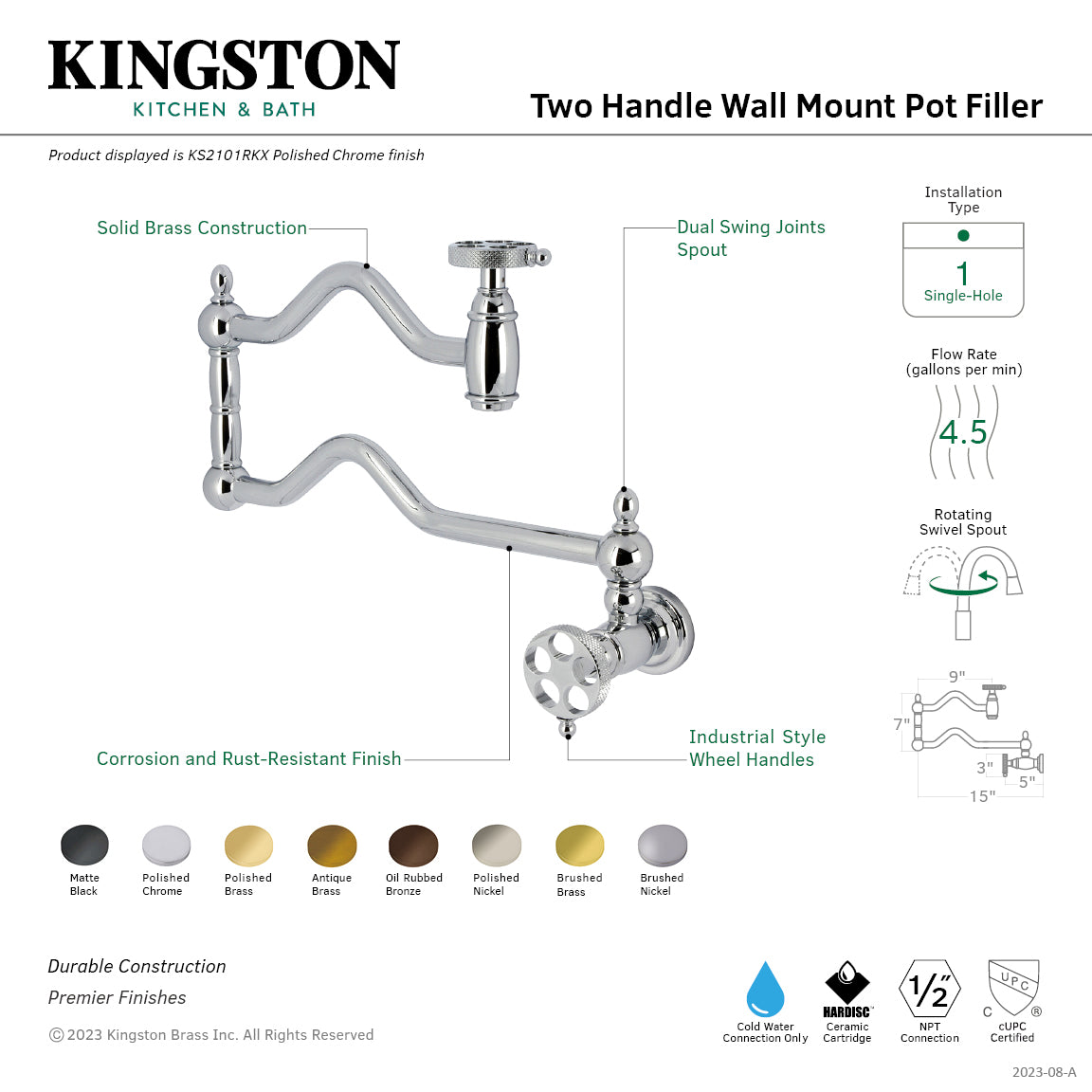 Kingston Brass KS2107RKX Webb Wall Mount Pot Filler Faucet with Knurled Handle, Brushed Brass