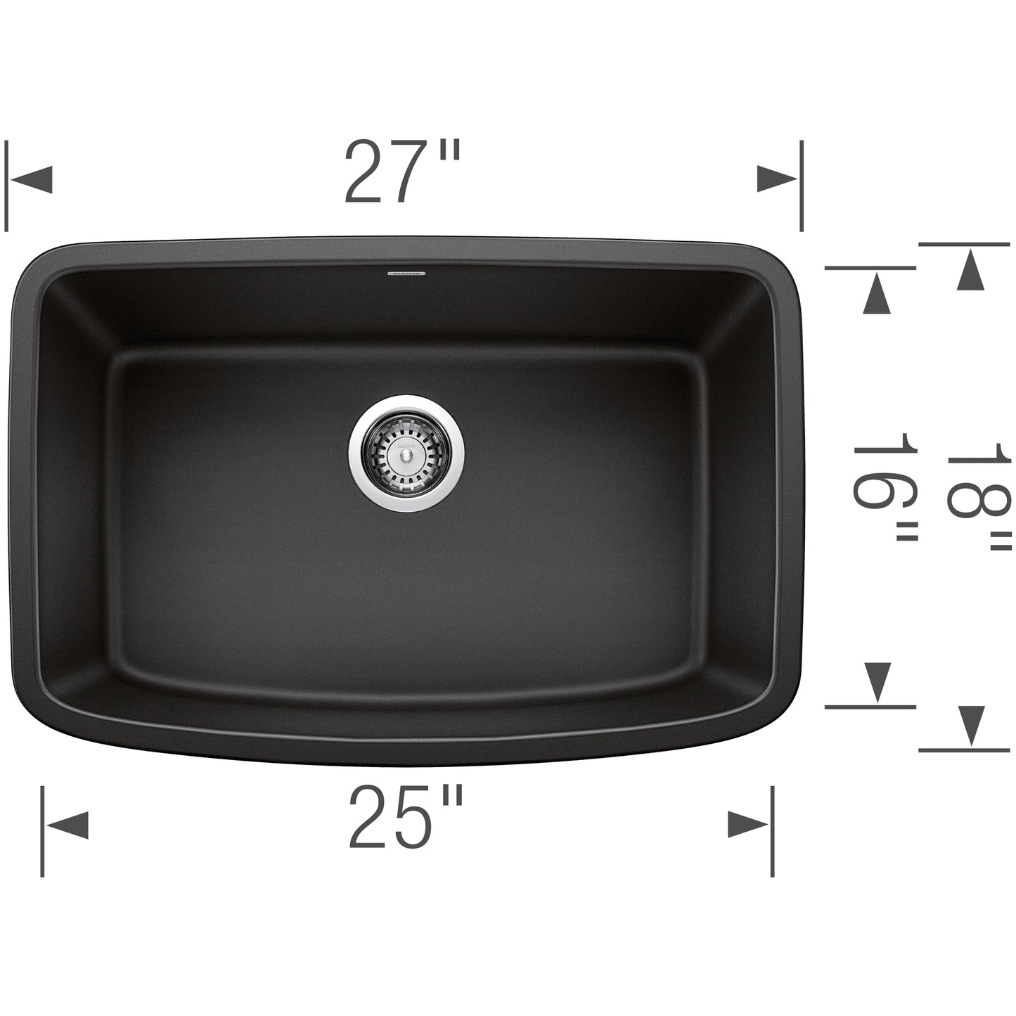 BLANCO Valea SILGRANIT 27" Single Bowl Undermount Kitchen Sink top view with dimensions 27" x 25".