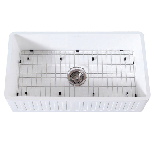 KINGSTON Brass Gourmetier 36" Farmhouse Kitchen Sink with Strainer and Grid - Matte White/Brushed