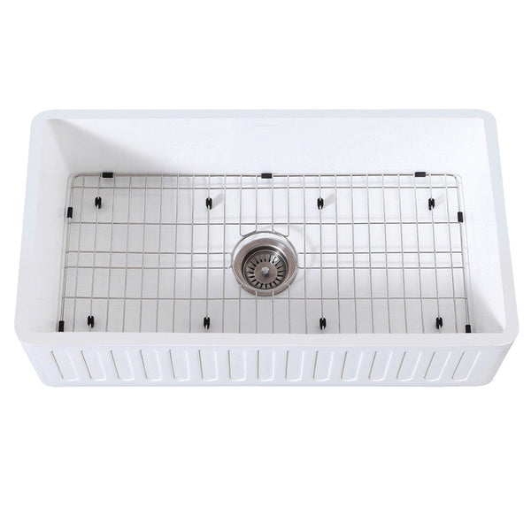 KINGSTON Brass Gourmetier 36 Farmhouse Kitchen Sink with Strainer and Grid - Matte White/Brushed