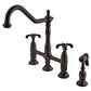 Kingston KS1277TXBS French Country Bridge Kitchen Faucet with Brass Sprayer, Brushed Brass and Oil Rubbed Bronze finish