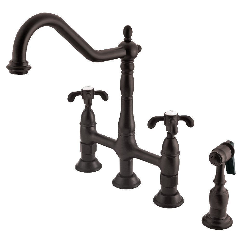 Kingston KS1277TXBS French Country Bridge Kitchen Faucet with Brass Sprayer, Brushed Brass and Oil Rubbed Bronze finish