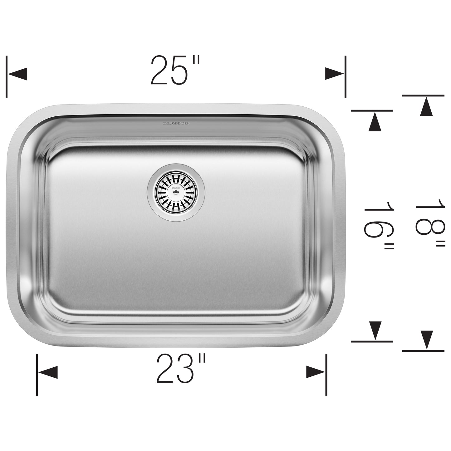 BLANCO Stellar 25" Single Bowl Undermount Stainless Steel Kitchen Sink dimensions showing 25-inch length and 23-inch basin.