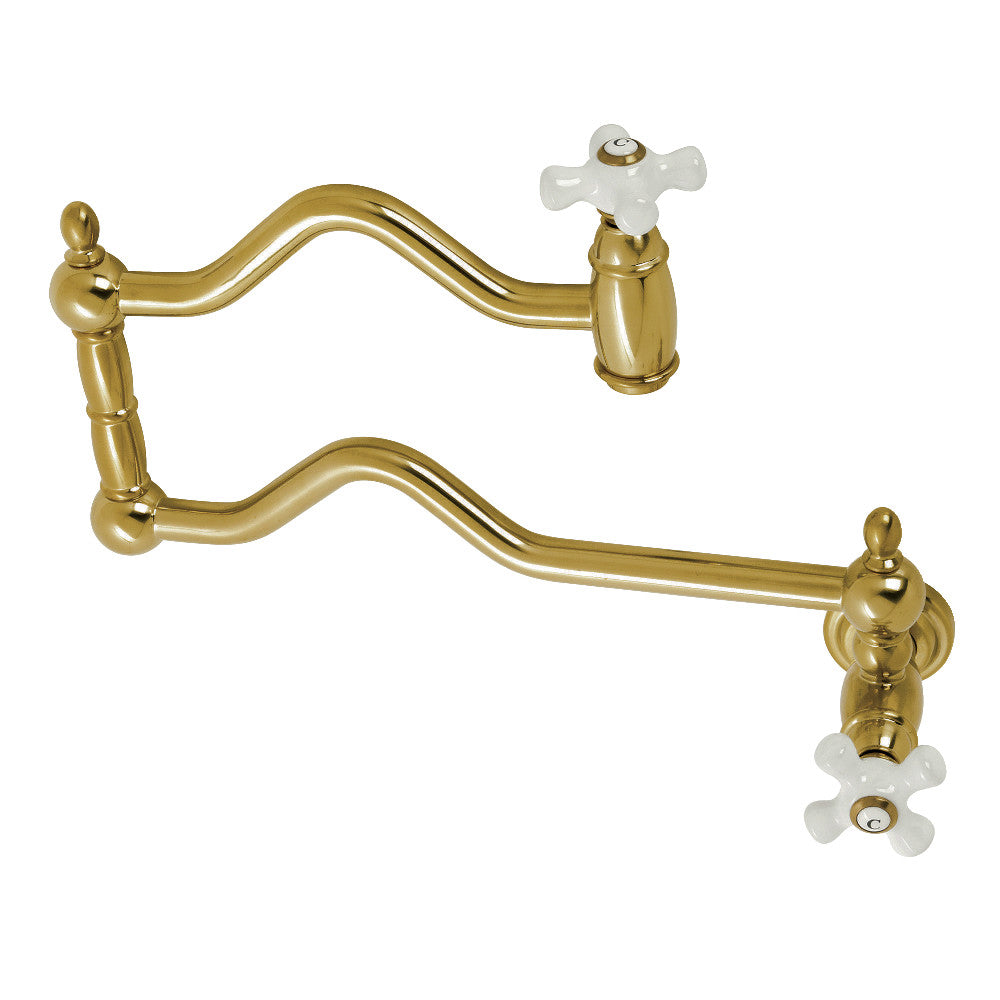 Kingston Brass KS2107PX Heritage Wall Mount Pot Filler Faucet, Brushed Brass with cross handles and foldable swing arms.