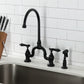 Kingston KS7793BALBS Heirloom Bridge Kitchen Faucet with Brass Sprayer, Antique Brass in black finish.
