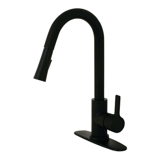 Kingston Brass LS8688CTL Continental Pull-Down Kitchen Faucet in matte black with futuristic curved spout design.