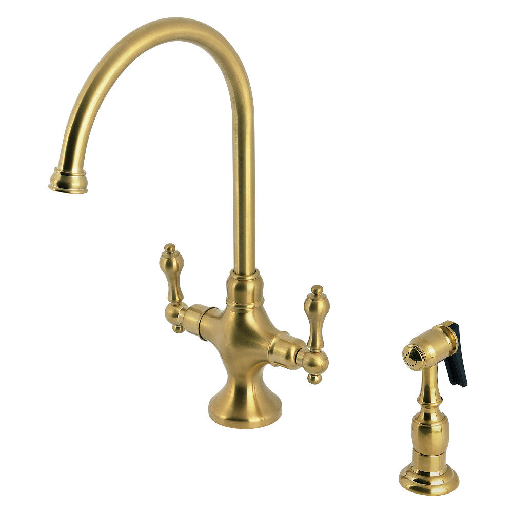 Kingston Brass KS1763ALBS Vintage Two-Handle Single-Hole Kitchen Faucet with Brass Sprayer, Antique Brass