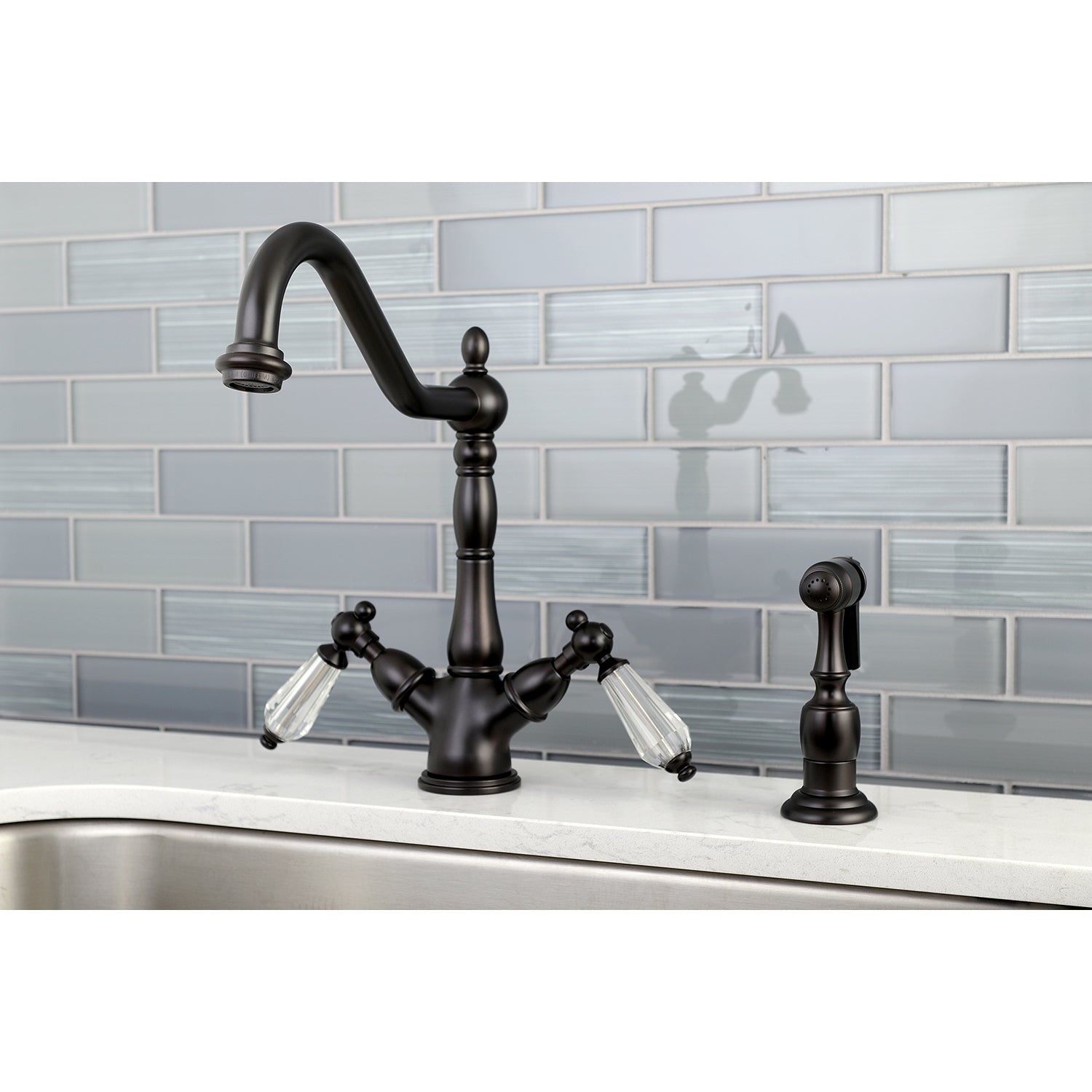 Kingston KS1238WLLBS Wilshire Two-Handle Kitchen Faucet with Brass Sprayer, Brushed Nickel featuring elegant acrylic handles.