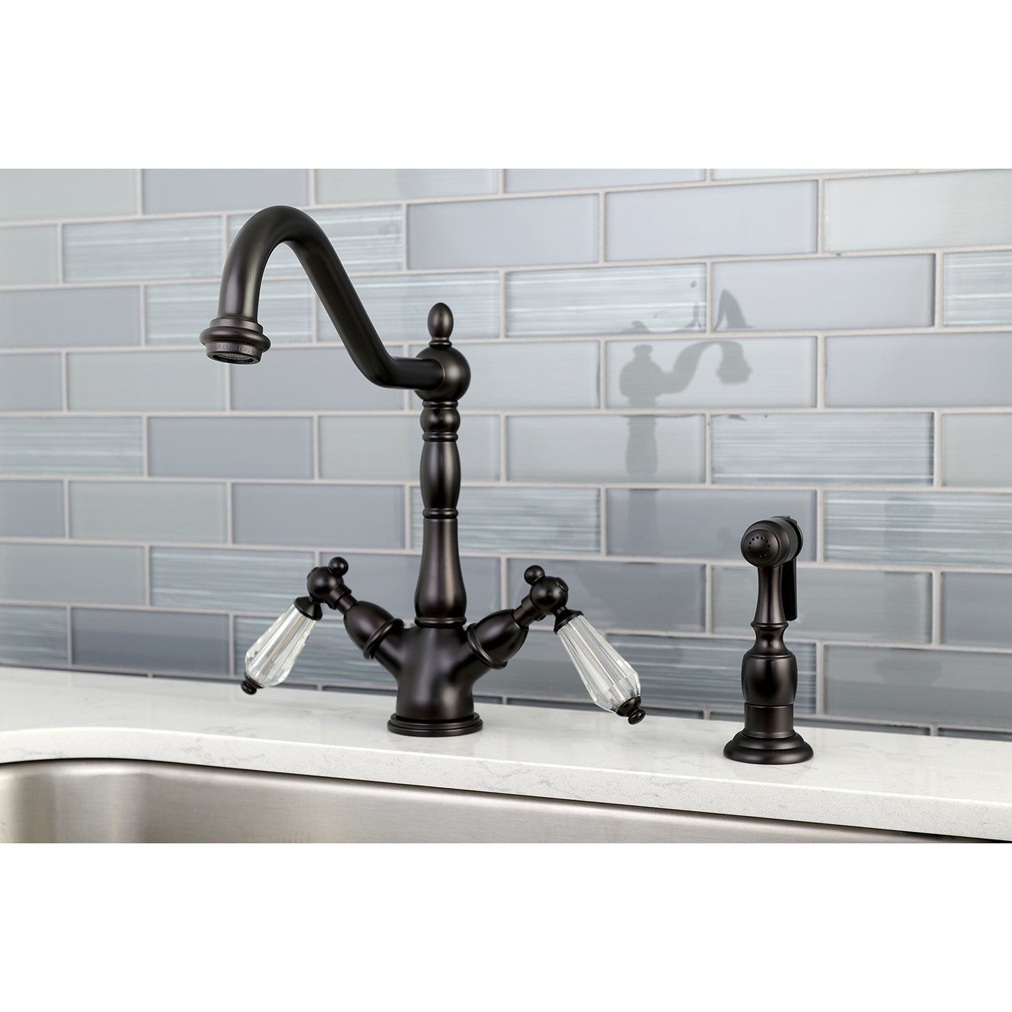 Kingston KS1238WLLBS Wilshire Two-Handle Kitchen Faucet with Brass Sprayer, Brushed Nickel featuring elegant acrylic handles.