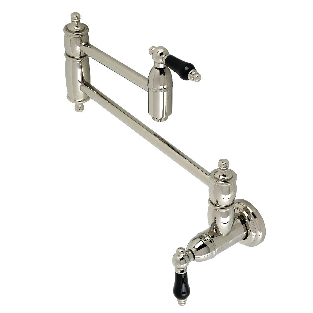 Kingston Brass KS3103PKL Duchess Wall Mount Pot Filler Faucet, Antique Brass with black porcelain handles.