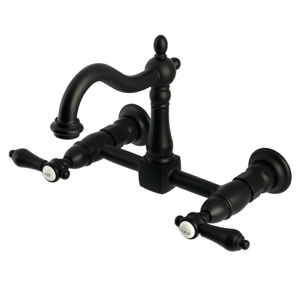 Kingston KS1263BAL Heirloom Two-Handle Wall Mount Bridge Kitchen Faucet, Antique Brass in Matte Black finish