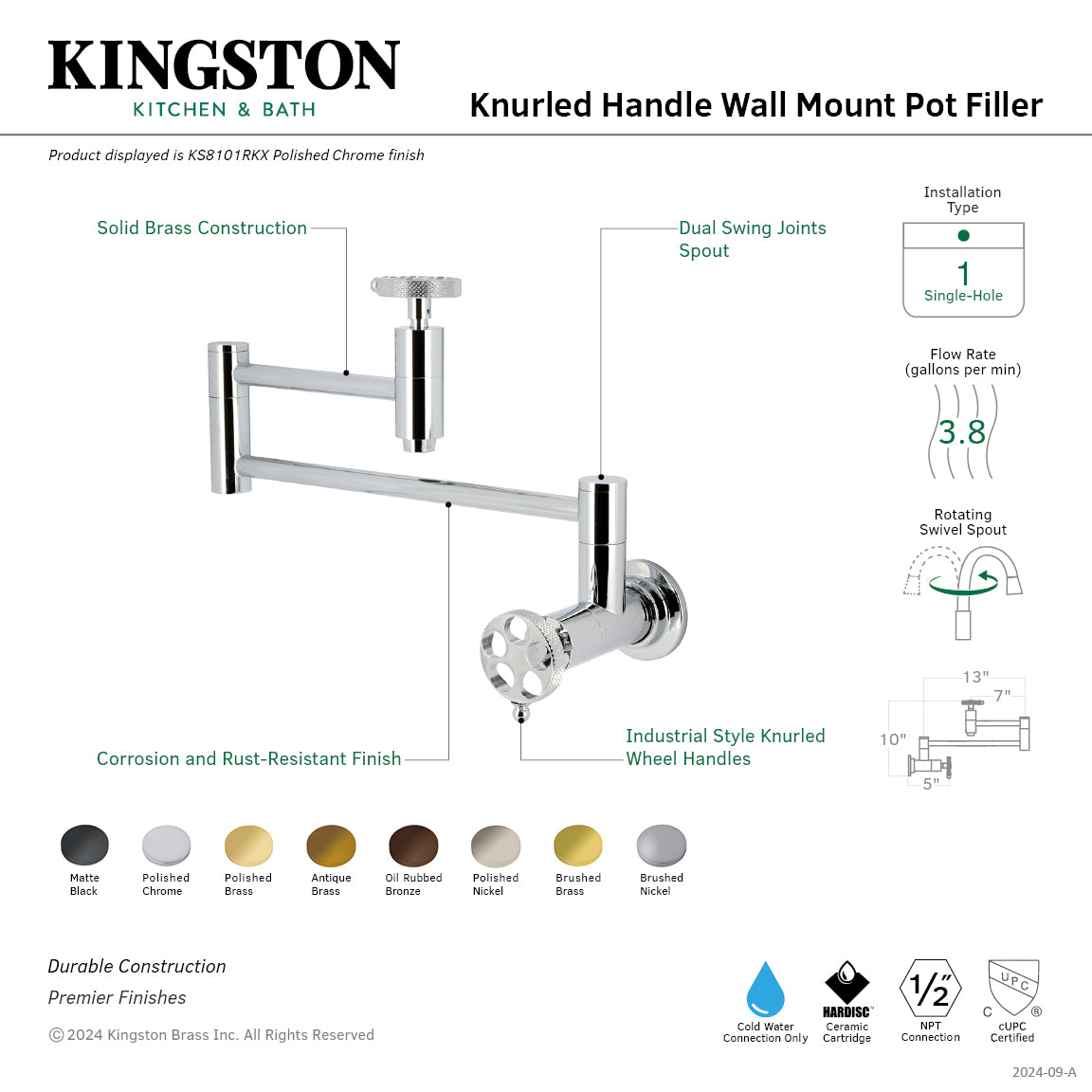 Kingston Brass KS8103RKX Webb Wall Mount Pot Filler Faucet with Knurled Handle, Antique Brass image showcasing design features.