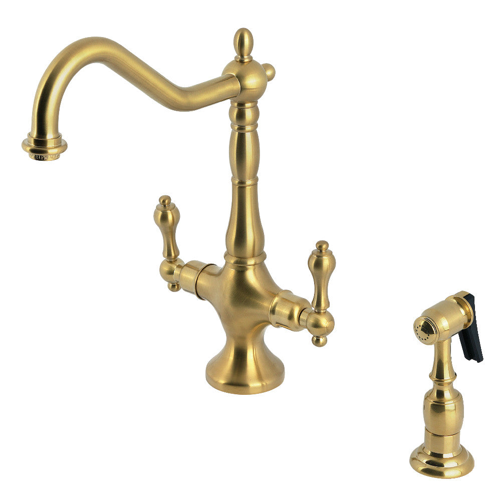 Kingston Brass KS1773ALBS Heritage Two-Handle Single-Hole Kitchen Faucet with Brass Sprayer, Antique Brass.