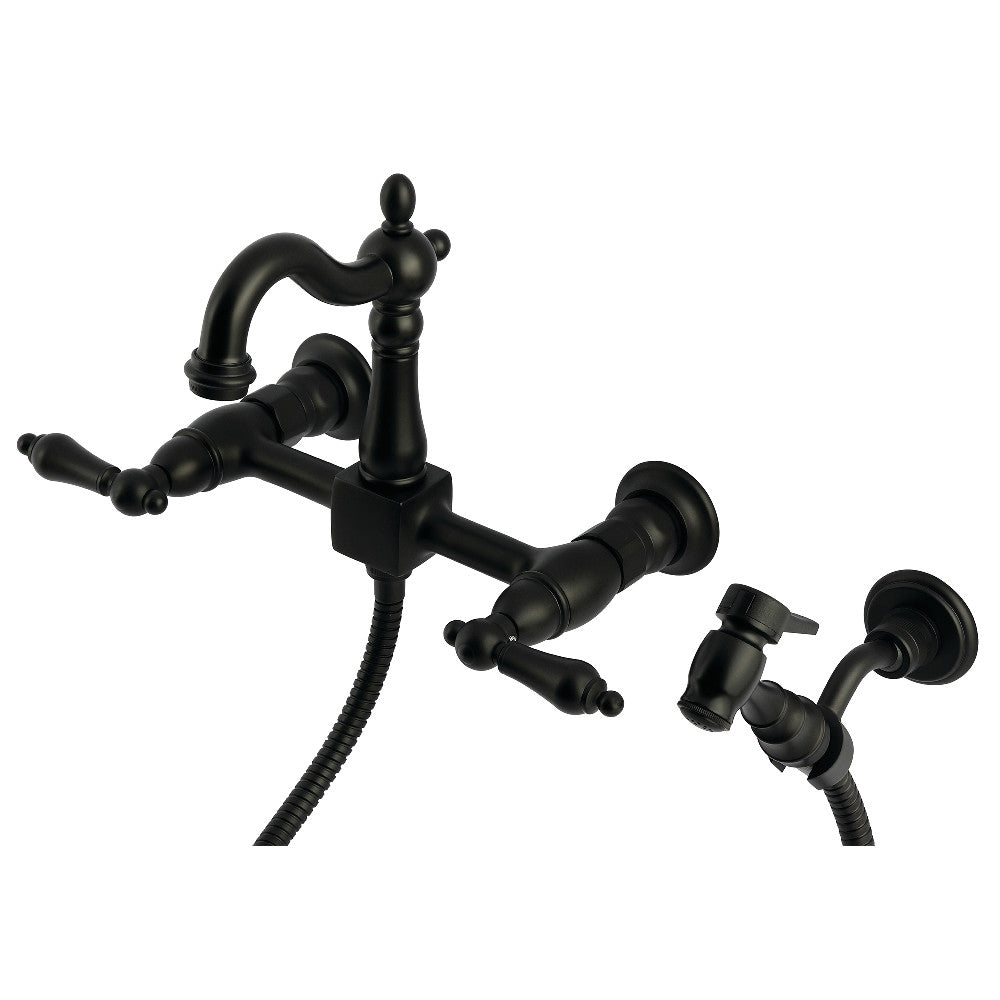 Kingston KS2443ALBS Heritage Two-Handle Wall Mount Bridge Kitchen Faucet with Brass Sprayer, Antique Brass in Matte Black finish
