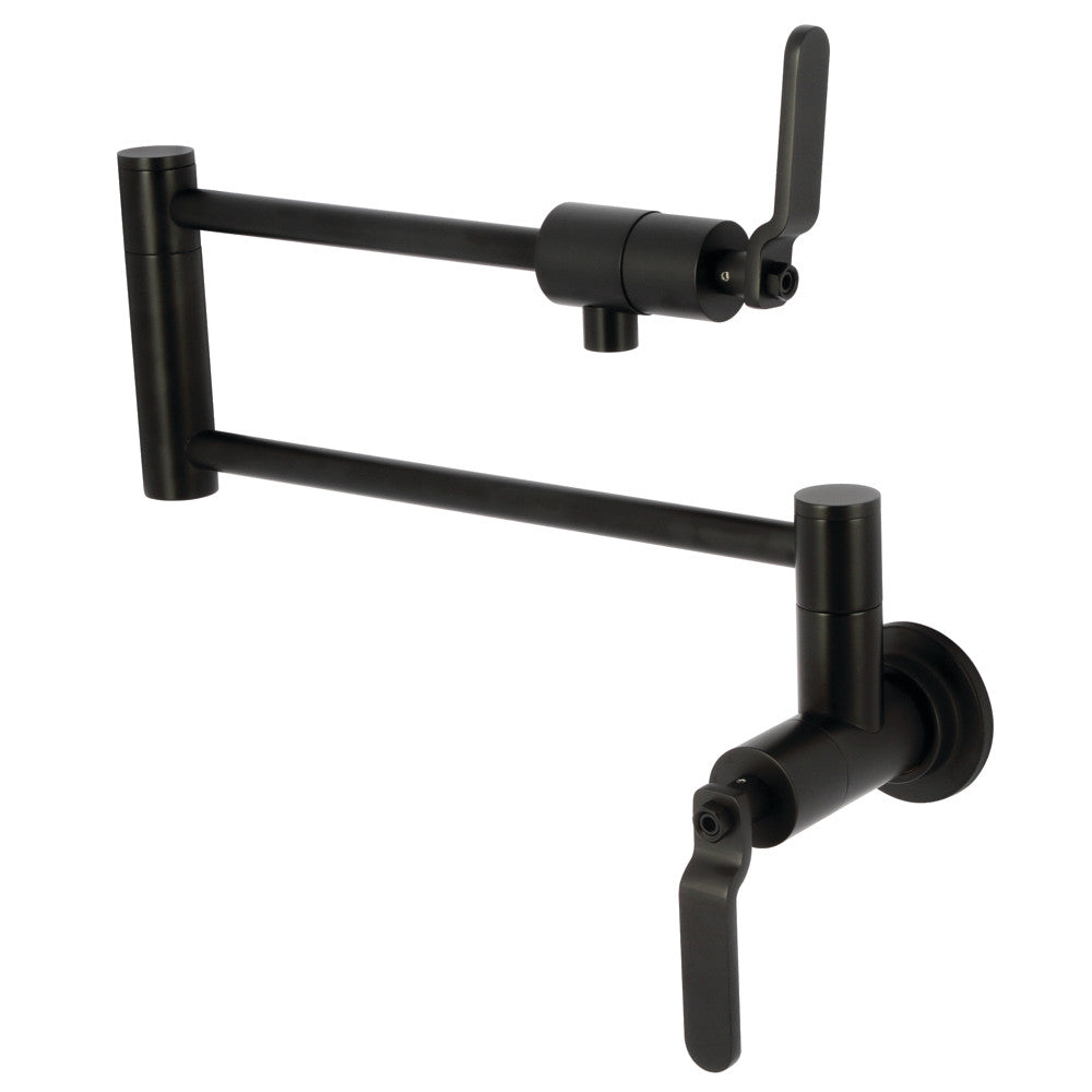 Kingston Brass KS4103KL Whitaker Wall Mount Pot Filler Faucet, Antique Brass, foldable swing arms in Matte Black finish.