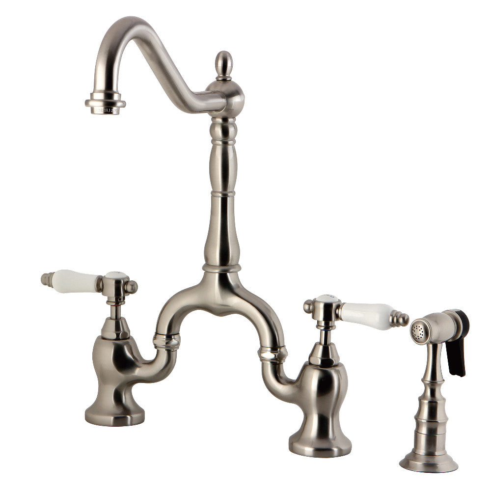 Kingston KS7753BPLBS Bel-Air Bridge Kitchen Faucet with Brass Sprayer, Antique Brass in brushed nickel finish.