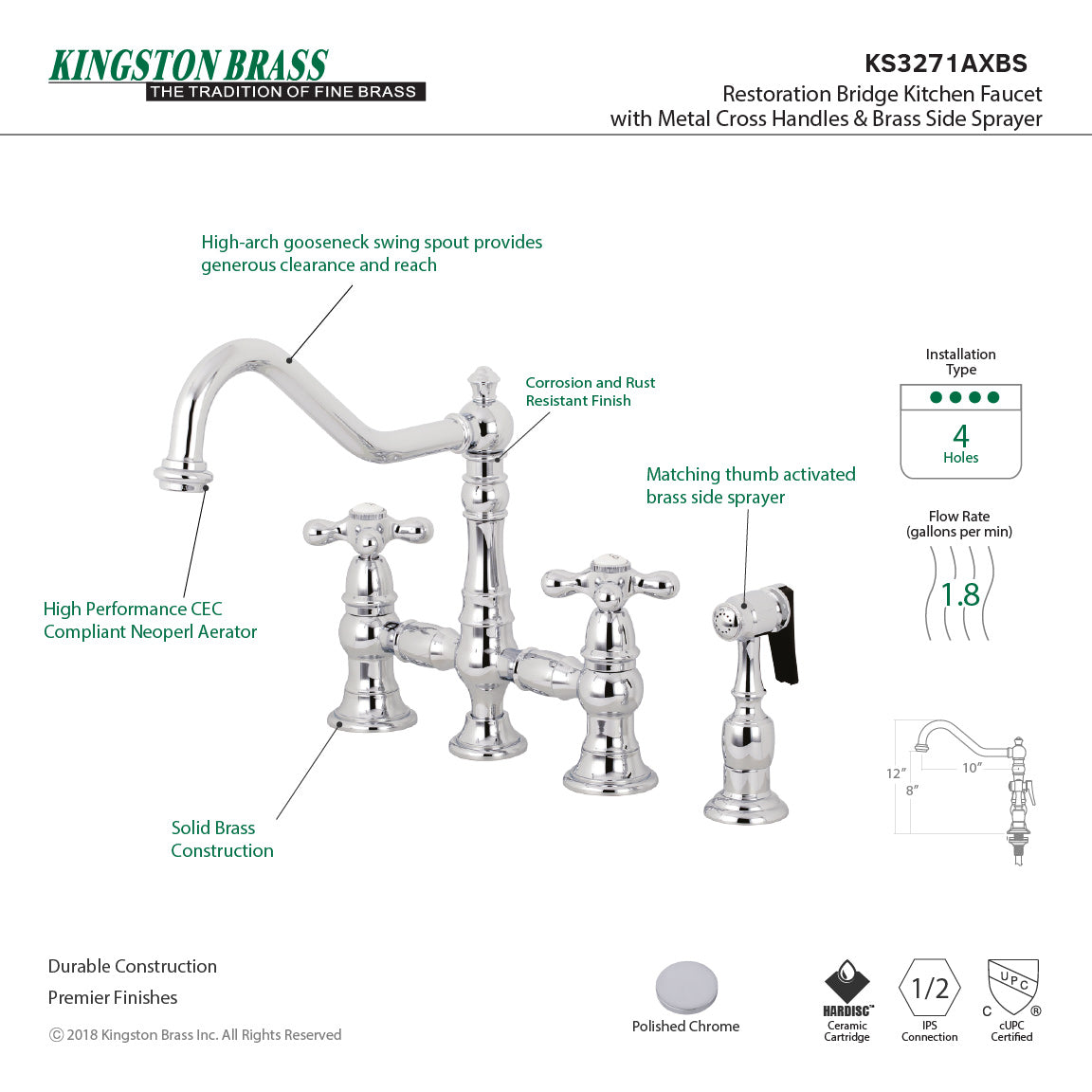 Kingston KS3277AXBS Restoration Bridge Kitchen Faucet with Brass Sprayer, Brushed Brass installation and features diagram