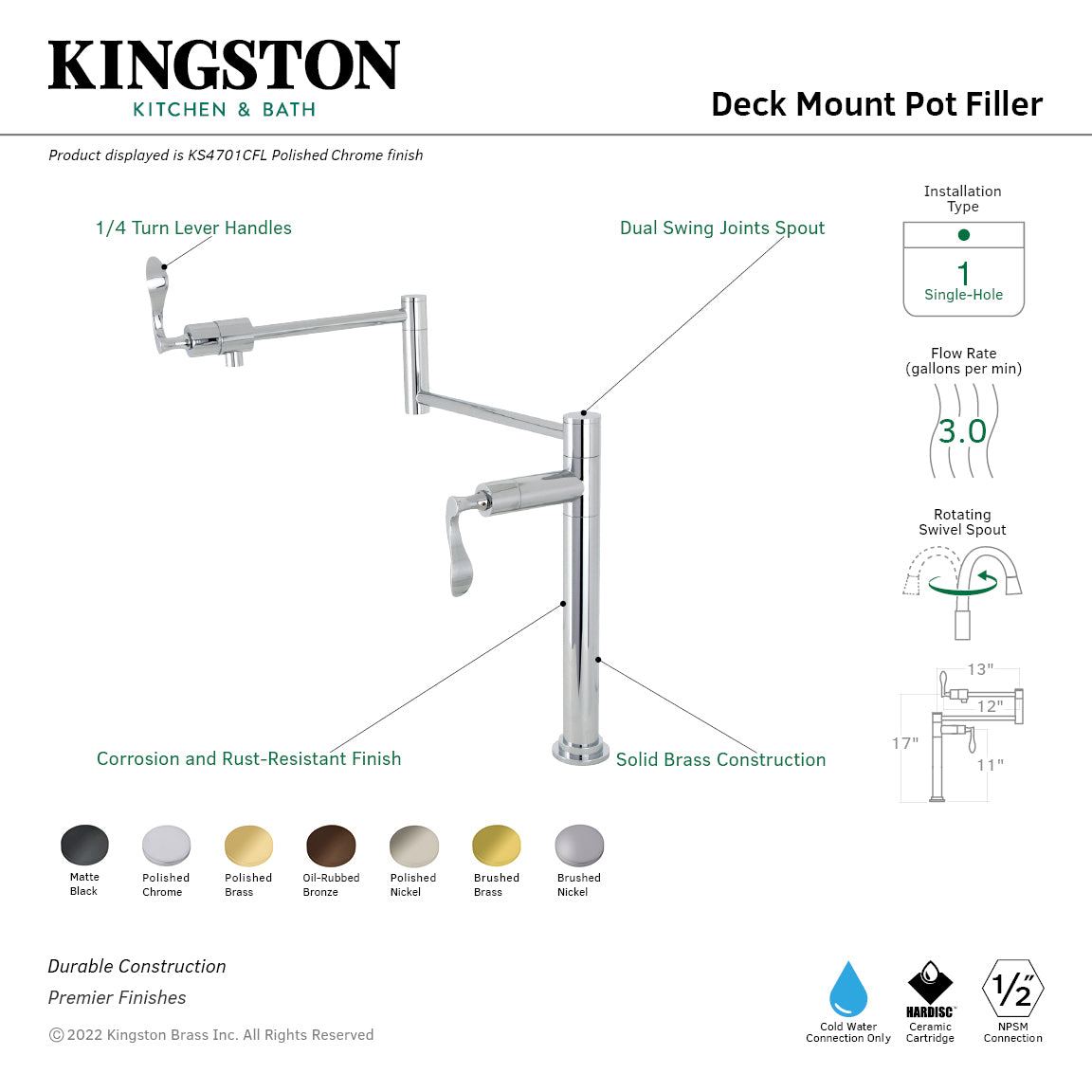 Kingston Brass KS4705CFL Century Deck Mount Pot Filler Faucet, Oil Rubbed Bronze specifications and features