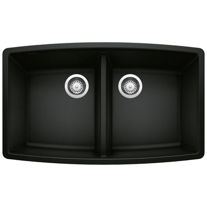 BLANCO Performa SILGRANIT 33" 50/50 Double Bowl Undermount Kitchen Sink in black with dual drains