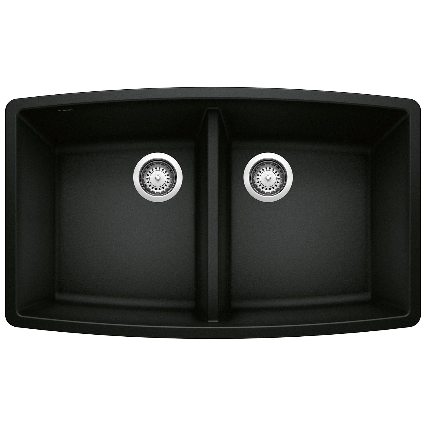 BLANCO Performa SILGRANIT 33" 50/50 Double Bowl Undermount Kitchen Sink in black with dual drains