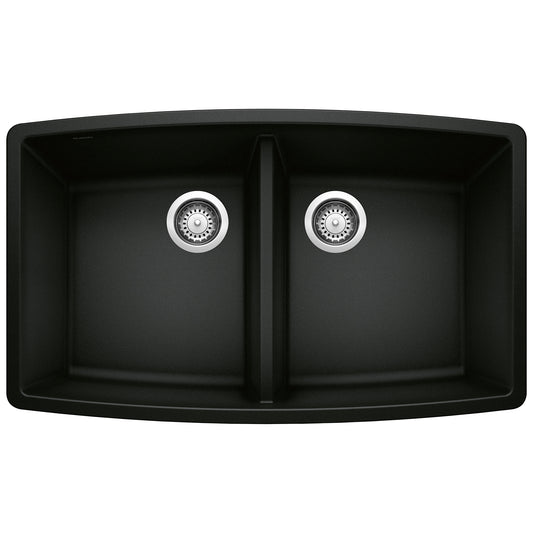 BLANCO Performa SILGRANIT 33" 50/50 Double Bowl Undermount Kitchen Sink in black with dual drains