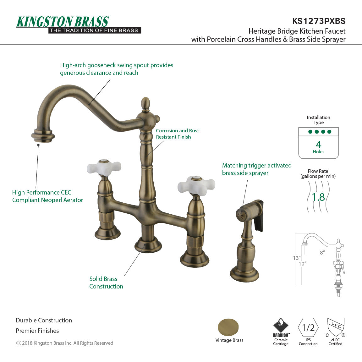 Kingston Brass Heritage Bridge Kitchen Faucet with Brass Sprayer and Cross Handles in Vintage Brass finish.